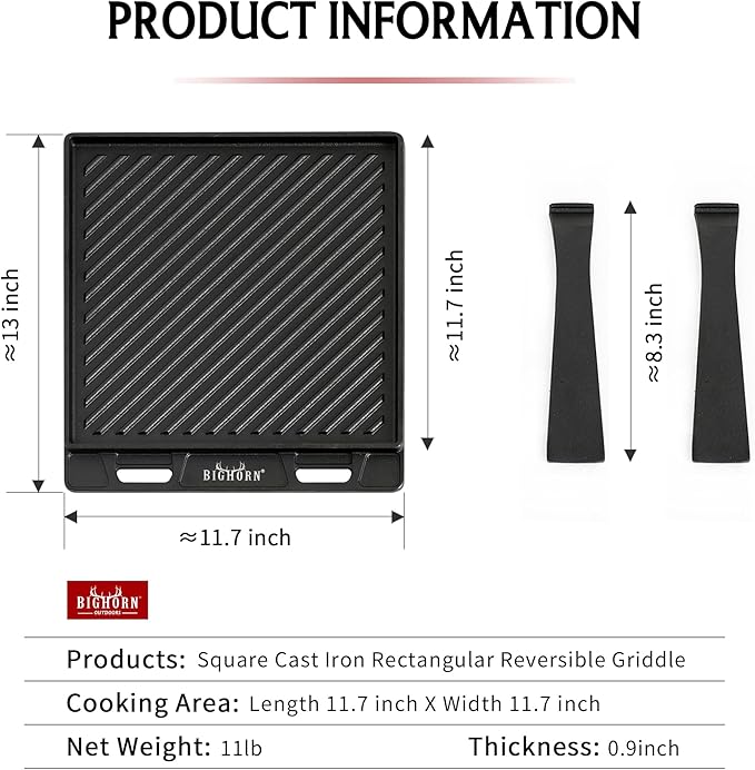 BIG HORN OUTDOORS Cast Iron Griddle Reversible Grill Plate with Handle for Oven, Stove, Grill