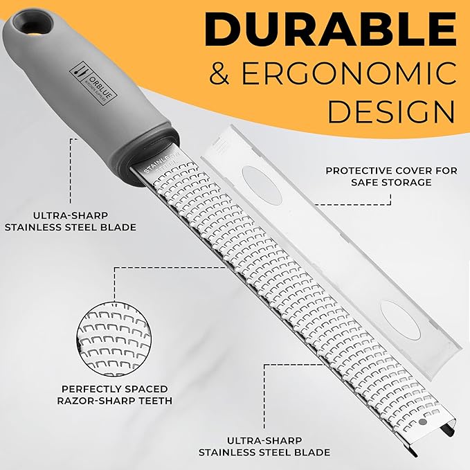 Orblue Lemon Zester & Cheese Grater - Premium Citrus Zester, Kitchen Grater for Parmesan, Chocolate, Fruits, Vegetables, Ginger, Garlic, Nutmeg - Stainless Steel Blades with Protective Cover, Gray