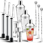 3 Pack Glass Cocktail Shaker Set, 23oz Bartender Kit with Built-in Strainer, Ice Tongs, Measuring Jigger, Muddler & Mixing Spoon, Professional Bar Tools for Home Bartending & Mixology