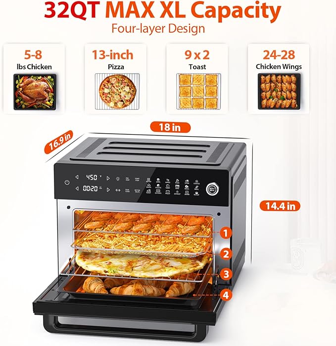 Aeitto® 32-Quart PRO Large Air Fryer Oven| Toaster Oven Combo | with Rotisserie, Dehydrator and Full Accessories | 19-In-1 Digital Airfryer | Fit 13" Pizza, 9pcs Toast, 1800w, Black