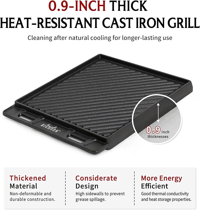 BIG HORN OUTDOORS Cast Iron Griddle Reversible Grill Plate with Handle for Oven, Stove, Grill