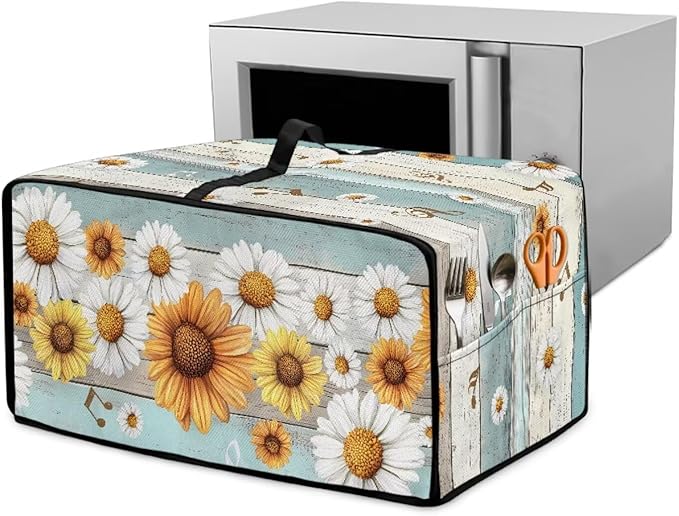Wooden Board Daisy Print Toaster Oven Dust-proof Cover for Kitchen Small Appliance Fingerprint Protection Decorative Countertop Oven Protector (Small-14.5 * 18.46 * 9 inches)