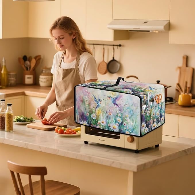 Watercolor Hummingbirds Daisy Print Toaster Oven Dust Cover, Heavy Duty Heat-resistant Microwave Oven Cover, Anti Fingerprint Air Fryer Covers((Medium-16.1 * 19.71 * 10 inches)