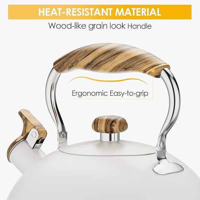 2.6 Quart Tea Kettle Stovetop Whistling for Stove Top, Food Grade Stainless Steel Tea Kettles with Cool Wood Pattern Handle, Cream