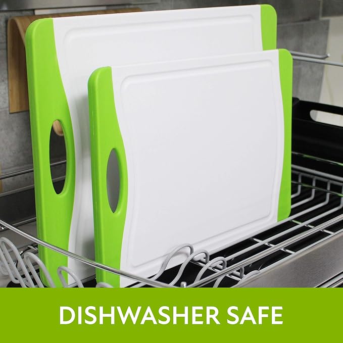 Neoflam 2 Piece Plastic Cutting Board Set, Microban Protection, Stain & Odor Free, Extra Large, BPA Free, Juice Groove, Non Slip, Dishwasher Safe, Easy Grip Handle, White Green