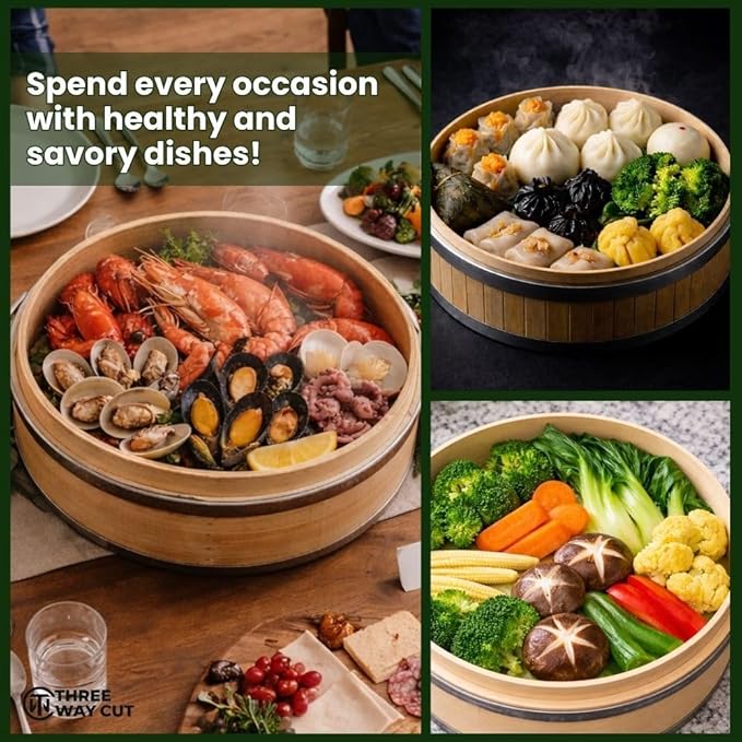 2-tier 10" Bamboo Steamer with Reinforcement & Handle, Reusable Silicone Liner & Accessories Kit For Cooking Dumpling, Baby Bao Bun, Dim Sum, Rice Potsticker Steaming Chinese Asian Food & Vegetables