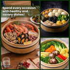 2-tier 10" Bamboo Steamer with Reinforcement & Handle, Reusable Silicone Liner & Accessories Kit For Cooking Dumpling, Baby Bao Bun, Dim Sum, Rice Potsticker Steaming Chinese Asian Food & Vegetables