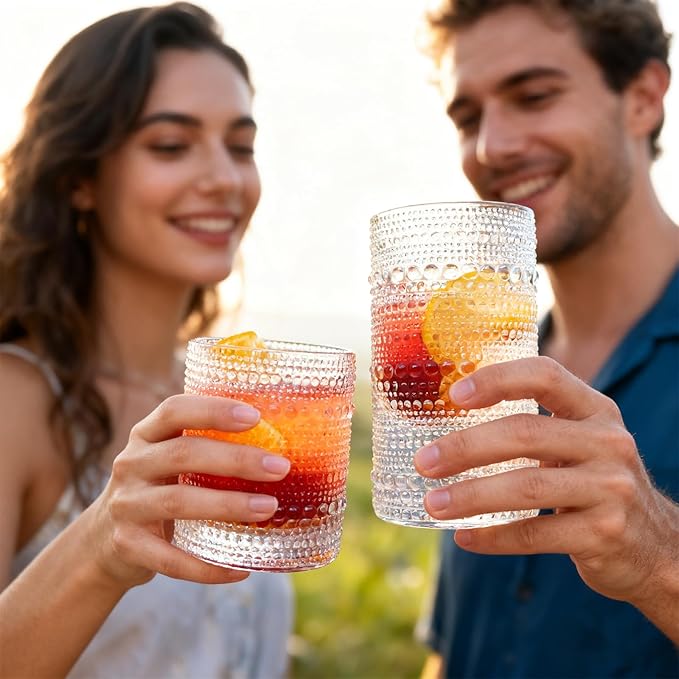 Hobnail Drinking Glasses Set of 12，Includes 12-ounce beer glasses and 10-ounce cocktail glasses.Kitchen Water Glass Cup,Bar Tumbler Glassware Set for Whiskey, Beer, Cocktail, Juice, Milk