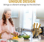 Luxury Black & Gold Kitchen Knife Set with Block & Rod Sharpener – 8-Piece Titanium-Coated Stainless Steel Knives, Ultra Sharp Chef Knife Set, Ideal Knives Set for Kitchen