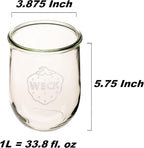 Weck Tulip Jar - Sour Dough Starter Jars for Sourdough - 1 x WECK 745 Large Clear Jar with Wide Mouth - 1 Liter Includes Glass Lid, rubber seal and steel clips