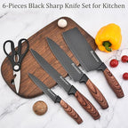 Kitchen Knife Set, Retrosohoo 6-Pieces Khaki Sharp Knife Block Set for Kitchen, Non-stick Non-slip Stainless Steel Chef Knife Set with Universal Knife Block Suitable for Home Restaurant (Black)