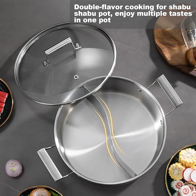Delarlo 6.8QT Tri-Ply Stainless Steel Double-flavor Shabu Shabu Pot 12 inch Everyday Pan with Lid, Kitchen Induction,Cooking Hot Pot, Oven Safe Stock Pot, Up to 600℉
