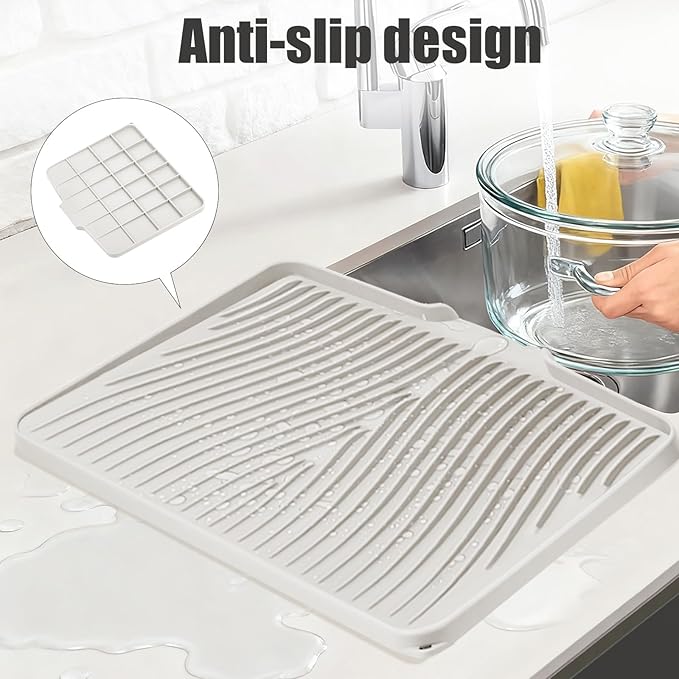 TIKNIK Silicone Dish Drying Mat, Stone Drying Mat for Kitchen Counter with Built-In Drain, Non-Slip Drain Pad with Built-in Drain, Heat Resistant Stone Drying Mat, Hangable, Cream-1pcs, 16" x 12"