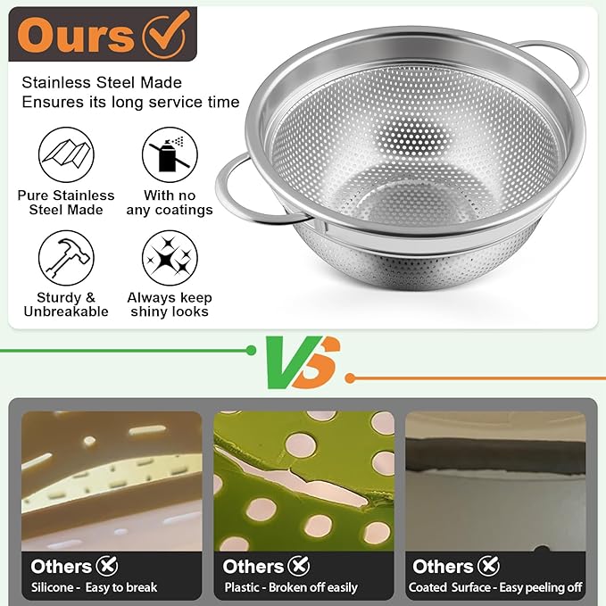 P&P CHEF Colander Strainer Stainless Steel 3 Quart, Metal Micro-Perforated Colander for Kitchen Food, Ideal for Rinsing Washing Draining, Dishwasher Safe, Shiny Silver, 2PCS