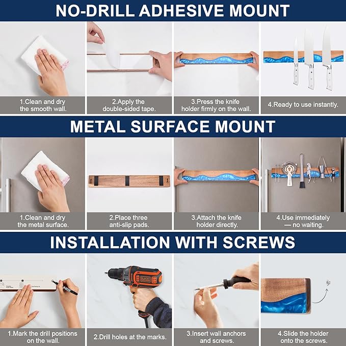 ENOKING 16 Inch Magnetic Knife Holder for Wall, Acacia Wood & Blue Resin Magnetic Knife Strip, Powerful No-Drill Adhesive or Screws Mount, Kitchen Knife Bar Storage Rack ("Ocean" Blue Resin)