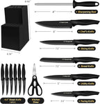 XANAPON Knife Set, 14 Pieces Kitchen Knife Set, High Carbon German Stainless Steel, Dishwasher Safe Cutlery with Sharpener, Black
