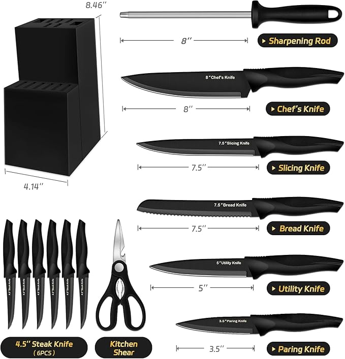 XANAPON Knife Set, 14 Pieces Kitchen Knife Set, High Carbon German Stainless Steel, Dishwasher Safe Cutlery with Sharpener, Black