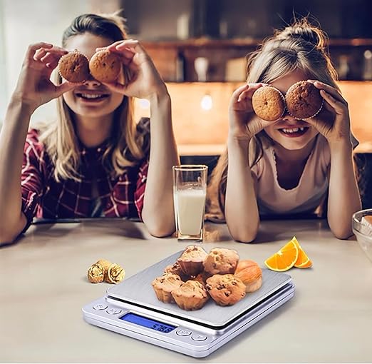 Food Scale Digital Weight 3000g/0.1g Oz Grams and Ounces Kitchen Scale for Cooking Baking with Backlight LCD Display, Tare, 9 Units, Auto Off, 2 Trays, Batteries Included - Stainless Steel