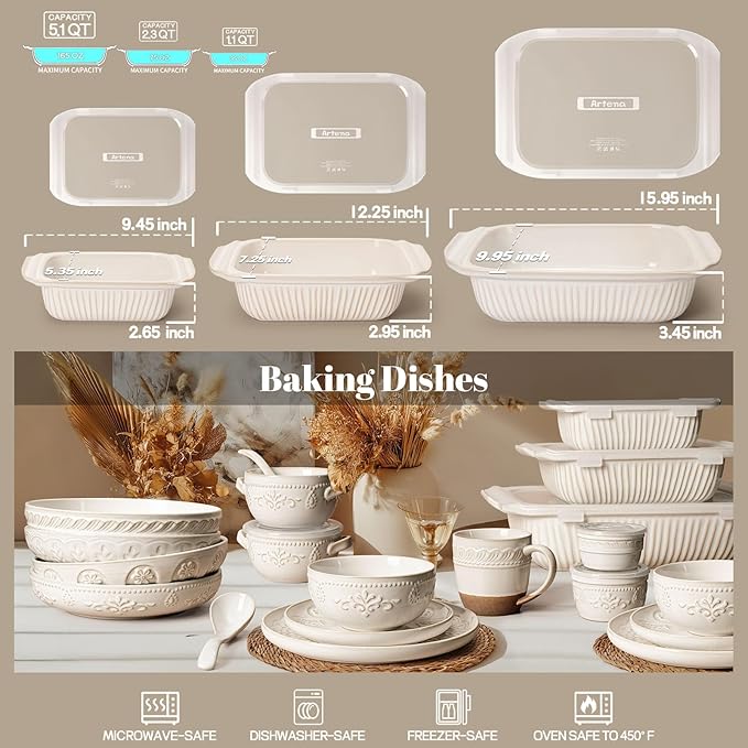 Artena Casserole Dishes For Oven, Ceramic Baking Dish, Large Lasagna Pan With Handles, Baking Pan Casserole Dish, Rectangular Bakeware Deep, White, Set Of 3 (5.1Qt/2.3Qt/1.1Qt) (Baking Dish With Lids)
