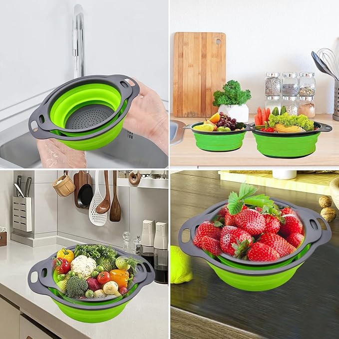 Collapsible Colander, Set of 2 Pcs Collapsible Strainer, Space-Saving Kitchen, Food-Grade Silicone Folding Strainer Colander with Handle, Green