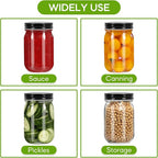 Glass Mason Jars with Black Lids 16 oz - 15 Pack Regular Mouth Canning Jars for Food Storage, Meal Prep, Overnight Oats, DIY Crafts - Includes 24 Stickers & Brush