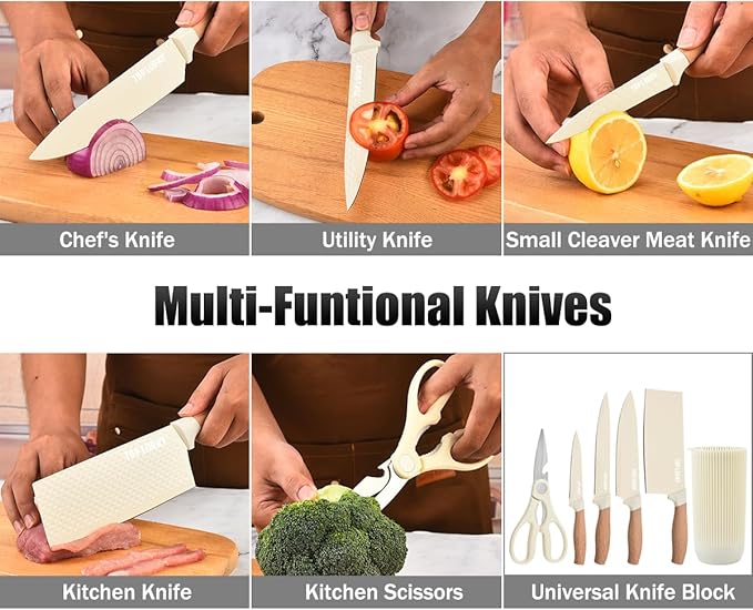 Knife Set, Wiztoynia 6-Piece Beige Kitchen Knife Set for Home, Anti-Rust Non-stick Stainless Steel Sharp Chef Knife Set with Universal Knife Block for Kitchen, Ergonomical Design (Beige)