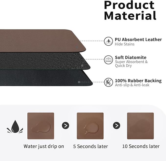 HotLive Dish Drying Mat for Kitchen Counter, Heat Resistant Drainer Mats with Non-slip Rubber Backed, Hide Stain Kitchen Super Absorbent Draining Mat, Easy to Clean Dish Rack Pad, Brown 18"x24"