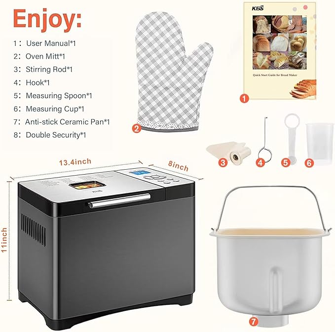 KBS 19-in-1 Programmable Bread Maker,2LB Large Bread Machine Stainless Steel with Sourdough,Gluten-Free,Nonstick Ceramic Pan,650W Bread Maker Machine with 15H Timer&1H Keep Warm,3 Crust Colors,Recipes