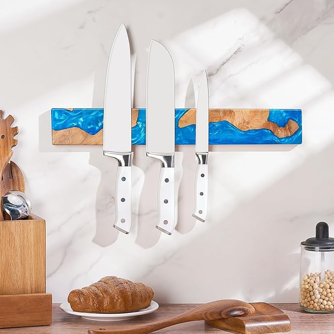 ENOKING Magnetic Knife Holder for Wall 16 Inch, Acacia Burl Wood & Blue Resin Magnetic Knife Strip Bar, Powerful Magnet Kitchen Knife Storage Rack, Space-Saving Wall Mounted Organizer