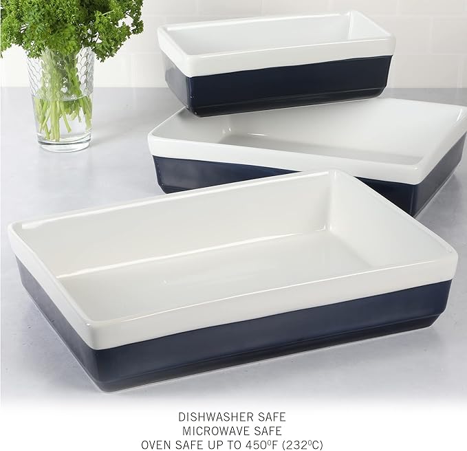 MARTHA STEWART 3-Piece Oven to Table Stoneware Bakeware Set – Baking Dish & Casserole Set – Cobalt Blue – Durable Oven-Safe Bakeware for Baking and Serving