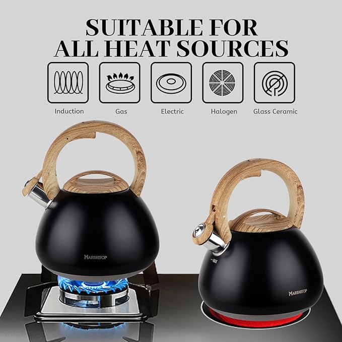 MARSKITOP Tea Kettle for Stove Top, Whistling Kettle Teapot for Stovetop, Food Grade Stainess Steel Teakettle with Cool Touch Ergonomic Handle, 2.6 Quart, Black
