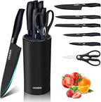 Kitchen Knife Ket with block, Knife Block Set, Anti-Rust High Carbon German Stainless Steel Knife Set, 7 Piece Chef Knife Set, New Home Apartment Essentials, Dishwasher Safe, Black