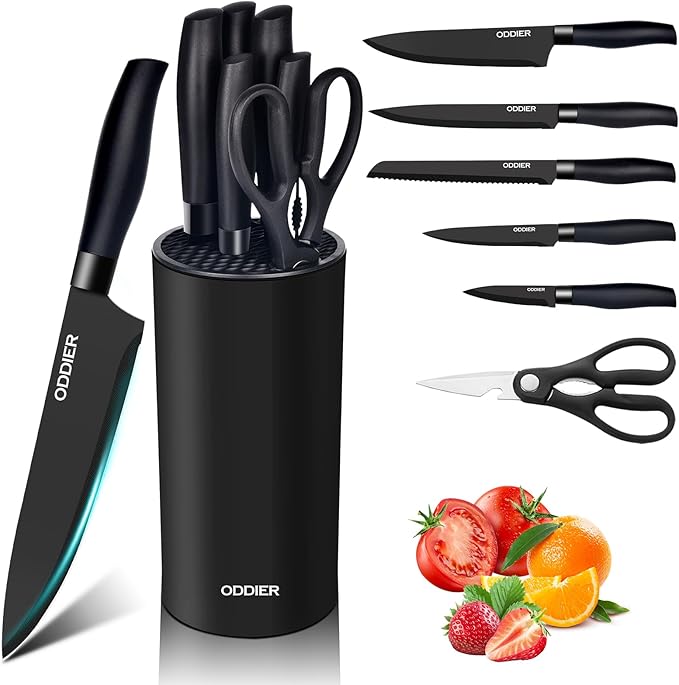 Kitchen Knife Ket with block, Knife Block Set, Anti-Rust High Carbon German Stainless Steel Knife Set, 7 Piece Chef Knife Set, New Home Apartment Essentials, Dishwasher Safe, Black