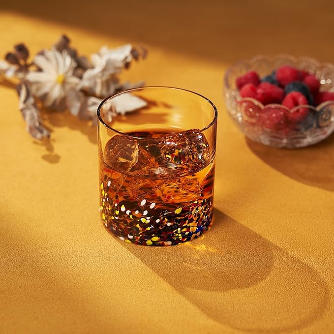 Large Confetti DOF Glasses – Set of 2-11oz Luxury Hand Blown Confetti Whiskey, Margarita, Martini, Cocktails, Water, Wine, Dessert & Champagne Glasses Cinco de Mayo, Hand Blown - Mexican Water Glass