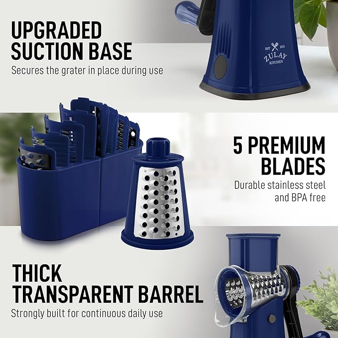 Zulay Kitchen Rotary Cheese Grater 5 Blade Cheese Shredder - Manual Hand Crank Cheese Grater With Reinforced Suction & 5 Interchangeable Drums - Easy to Use, Vegetable Chopper Round Mandoline Slicer