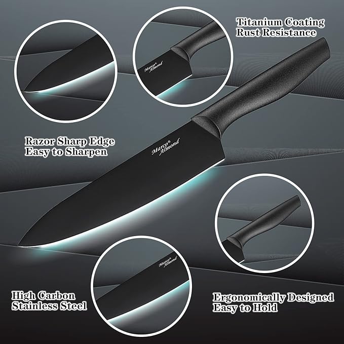 Kitchen Knife Set, KYA38 12-Piece Kitchen Knives Set with Covers, Marco Almond® 6 Knives with 6 Blade Guards, Stainless Steel Cooking Knives Set for Kitchen, Black