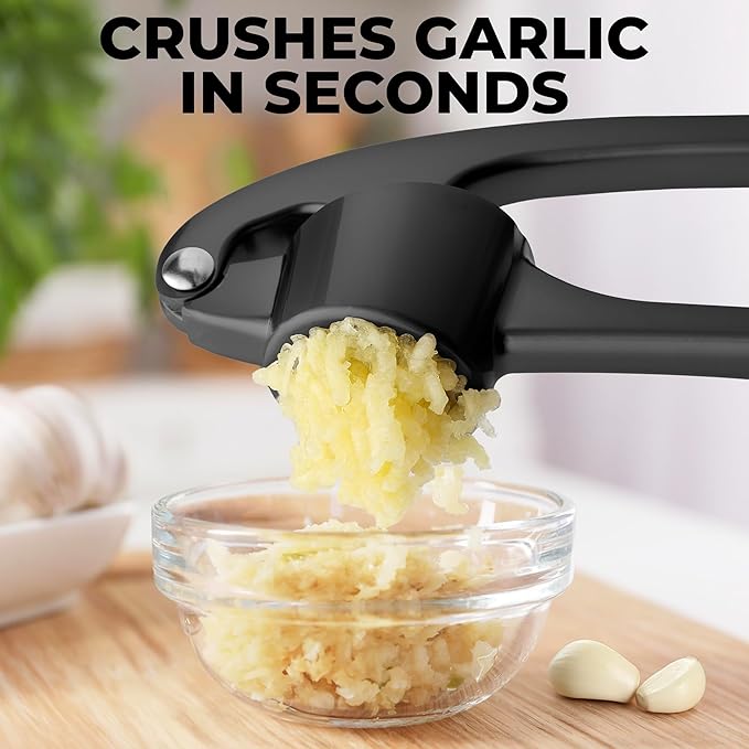 Zulay Kitchen Large Premium Garlic Press Set - Bigger Bowl for Bigger Garlic - Rust Proof Garlic Mincer Tool - Easy-Squeeze, Easy-Clean Silicone Garlic Peeler & Brush (Dark Gray)