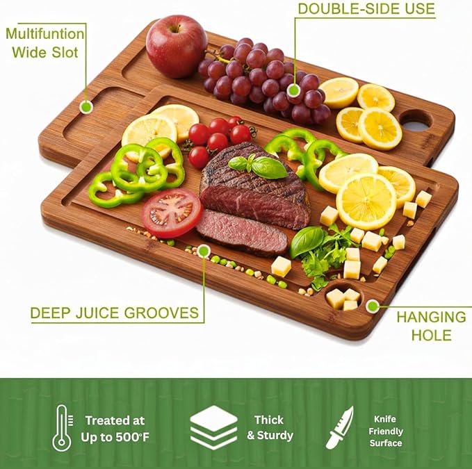 Bamboo Cutting Board for Kitchen, Wooden Cutting Board 3-Piece Set with Non-Slip Mat Deep Juice Groove, Wood Cutting Board for Meat Vegetables Fruit