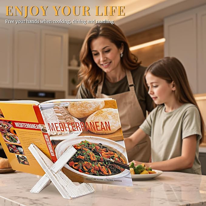 PUERSI Cookbook Stand for Kitchen, Recipe Book Holder for Kitchen Counter, Wooden Cookbook Holder, Rustic Cook Book Holder Stand - Farmhouse White