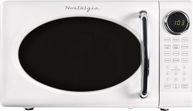 Nostalgia Retro Microwave Oven - 0.7 Cu Ft, 700-Watt Countertop Size with Glass Turntable, Child Safety Lock, 8 Auto-Cook Programs, Digital Clock - White