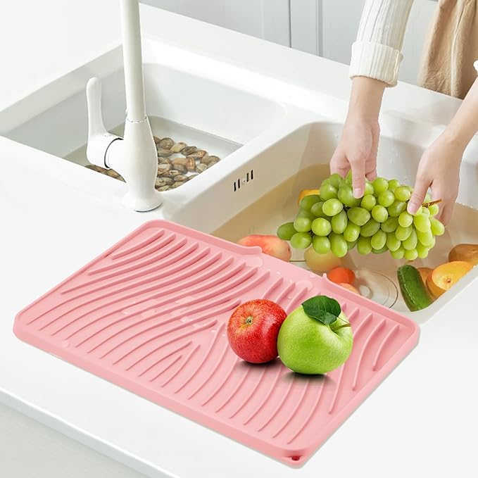 TIKNIK Silicone Dish Drying Mat, Stone Drying Mat for Kitchen Counter with Built-In Drain, Non-Slip Drain Pad with Built-in Drain, Heat Resistant Stone Drying Mat, Hangable, Pink-1pcs, 16" x 12"