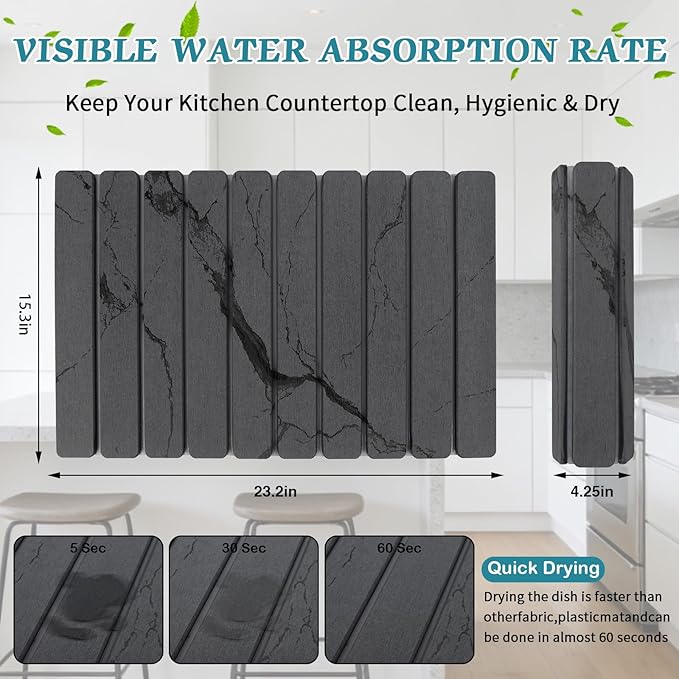 Stone Dish Drying Mat for Kitchen Counter, 24''×15'' Dishes Drying Matt Kitchen Counter, Absorbent Diatomaceous Earth Bath Quick Dry Mats for Tableware, Bottles and Cup(Dark Grey Marble)