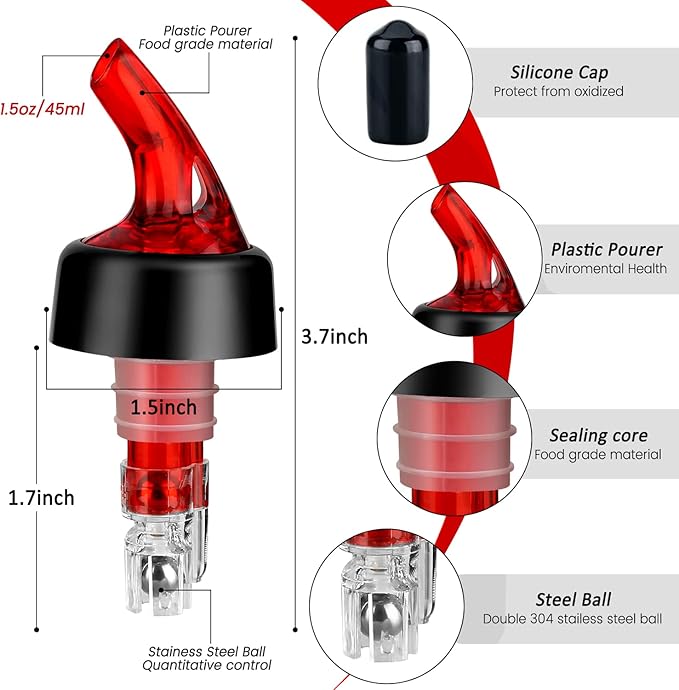 Automatic Measured Bottle Pourer - Quick Shot Spirit Measure Pourer with Dust Caps for Wine Cocktail Home Bar Tools - 1.5oz/45ml(Red, 4 Pack)