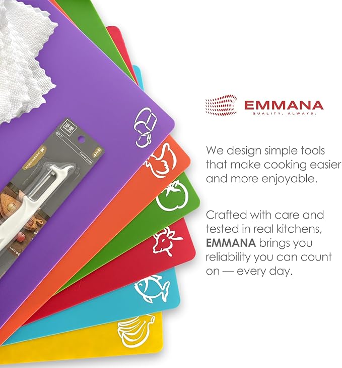 EMMANA - Plastic cutting board for kitchen. Set of 8 – 6 Color-Coded Flexible Plastic Mats with Food Icons + Peeler & Microfiber Towel – BPA-Free, Non-Slip Back, Dishwasher Safe, Durable & Non-Porous