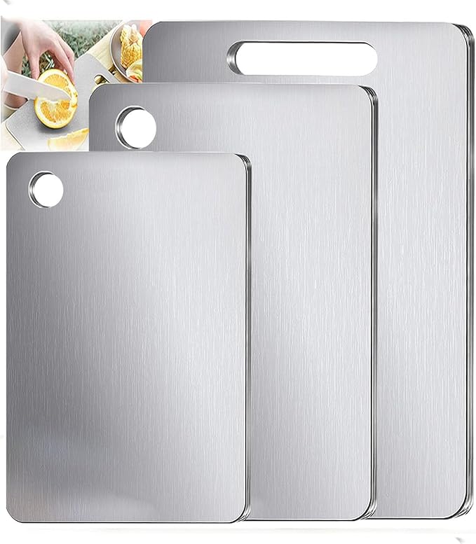 100% Pure Titanium Cutting Board Set of 3, Double-Sided Pure Cut Titanium Cutting Boards for Kitchen Dishwasher Safe, Food-Grade Metal Meat Chopping Board Mat for Home & Outdoor Camping (M+L+XL)