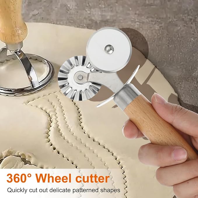 Pastry Cutter Double Wheel, Pastry and Pasta Cutter Wheel with Exquisite Wooden Handle Dual-Head Baking Tool for Home and Kitchen for Pasta Pizza Ravioli Cookie