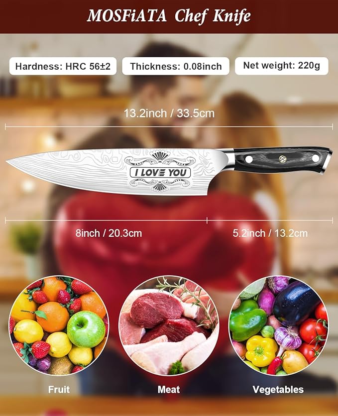 MOSFiATA Gifts for Men Women Christmas, 8" Sharp Kitchen Knife Set with Sheath Professional German EN1.4116 Stainless Steel, Chef Gifts for Best Dad Mom Birthday, Anniversary Xmas Gift Box-I Love You