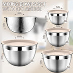DUTZUN Stainles Steel Mixing Bowls with Lids Set, Stackable Metal Mixing & Serving Bowl with Strainer, 5-Piece - Beige