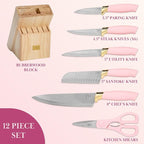 Paris Hilton 12-Piece Knife Set with Block, High-Carbon Stainless Steel Cutlery, Precision Blades and Ergonomic Handles, Pink