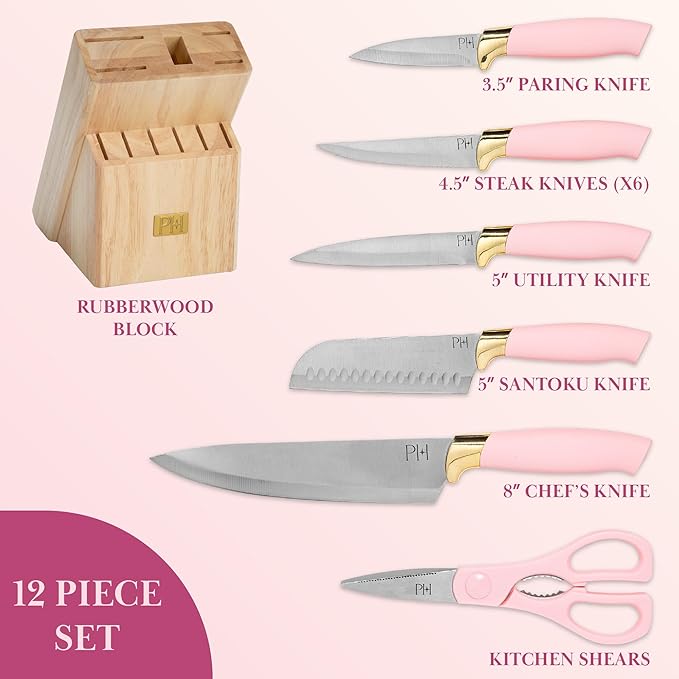 Paris Hilton 12-Piece Knife Set with Block, High-Carbon Stainless Steel Cutlery, Precision Blades and Ergonomic Handles, Pink